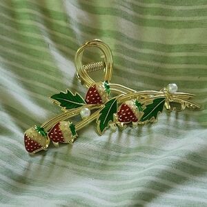 Gold-Tone Strawberry Leaf Hair Clip with Pearls - Red & Green